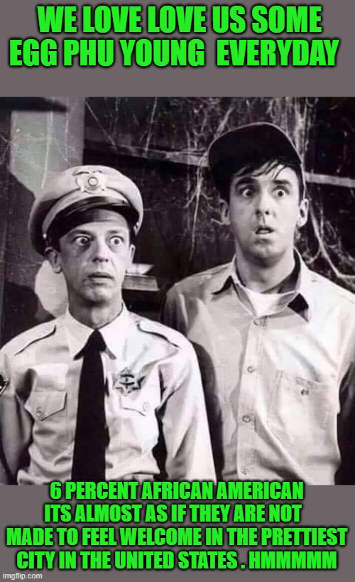 Shocked in Mayberry | WE LOVE LOVE US SOME EGG PHU YOUNG  EVERYDAY 6 PERCENT AFRICAN AMERICAN ITS ALMOST AS IF THEY ARE NOT   MADE TO FEEL WELCOME IN THE PRETTIES | image tagged in shocked in mayberry | made w/ Imgflip meme maker