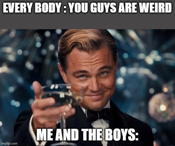 Leonardo Dicaprio Cheers Meme | EVERY BODY : YOU GUYS ARE WEIRD; ME AND THE BOYS: | image tagged in memes,leonardo dicaprio cheers | made w/ Imgflip meme maker