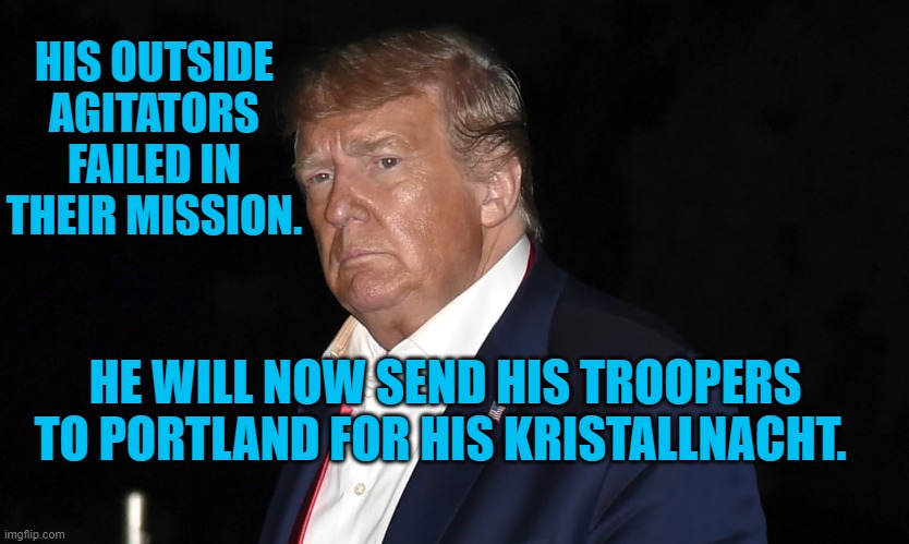 Would Be Dictators Heed The Lessons I History. | HIS OUTSIDE AGITATORS FAILED IN THEIR MISSION. HE WILL NOW SEND HIS TROOPERS TO PORTLAND FOR HIS KRISTALLNACHT. | image tagged in politics | made w/ Imgflip meme maker