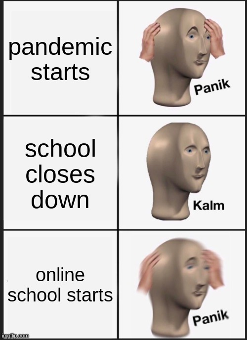 Panik Kalm Panik | pandemic starts; school closes down; online school starts | image tagged in school memes | made w/ Imgflip meme maker
