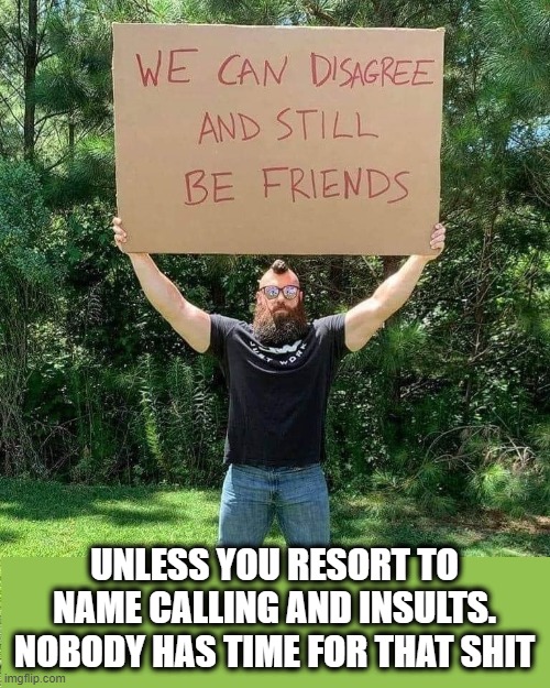 Mature disagreement | UNLESS YOU RESORT TO NAME CALLING AND INSULTS. NOBODY HAS TIME FOR THAT SHIT | image tagged in covid-19,difference of opinion,friendship,maturity,no insults | made w/ Imgflip meme maker