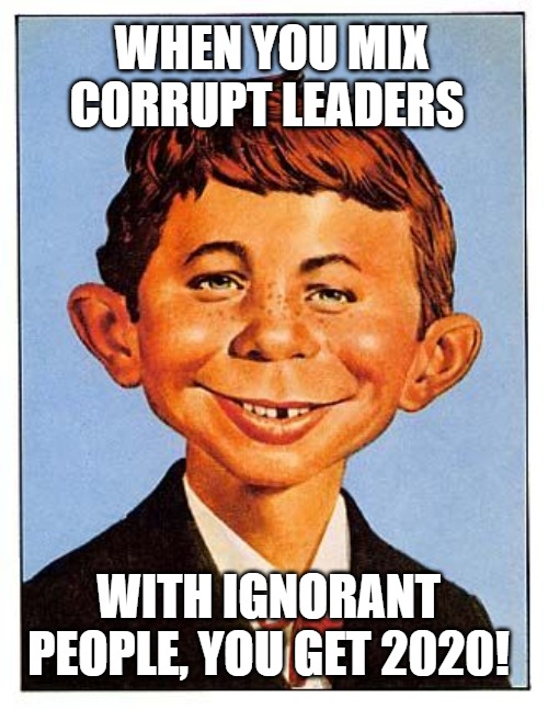 Alfred E. Neuman | WHEN YOU MIX CORRUPT LEADERS; WITH IGNORANT PEOPLE, YOU GET 2020! | image tagged in alfred e neuman | made w/ Imgflip meme maker