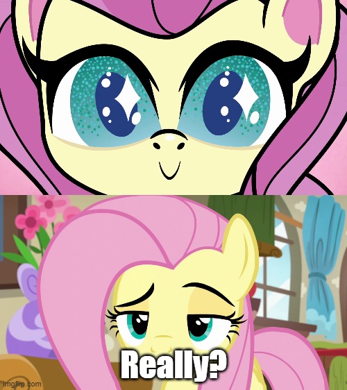 Fluttershy's reaction to Pony Life Fluttershy | Really? | image tagged in fluttershy,mlp,mlp meme | made w/ Imgflip meme maker
