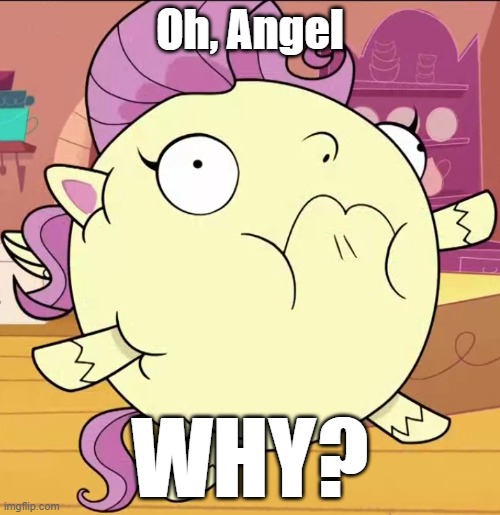 Flutterpuff | Oh, Angel; WHY? | image tagged in mocking spongebob,fluttershy,mlp,mlp meme | made w/ Imgflip meme maker