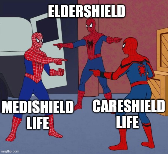 Spider man confuse | ELDERSHIELD; MEDISHIELD LIFE; CARESHIELD LIFE | image tagged in spider man triple | made w/ Imgflip meme maker