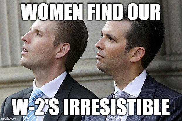 Paying for it with daddy's money | WOMEN FIND OUR; W-2'S IRRESISTIBLE | image tagged in don jr and eric trump,prostitution,relationship status | made w/ Imgflip meme maker