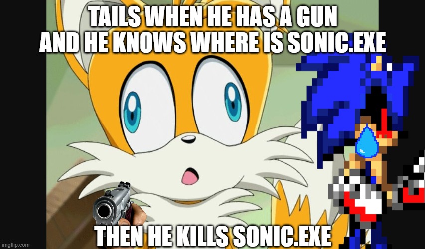 sonic- Derp Tails | TAILS WHEN HE HAS A GUN AND HE KNOWS WHERE IS SONIC.EXE; THEN HE KILLS SONIC.EXE | image tagged in sonic- derp tails | made w/ Imgflip meme maker
