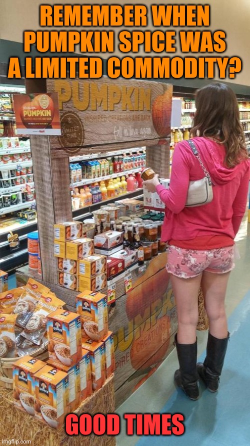pumpkin spice everywhere | REMEMBER WHEN PUMPKIN SPICE WAS A LIMITED COMMODITY? GOOD TIMES | image tagged in pumpkin spice trap | made w/ Imgflip meme maker