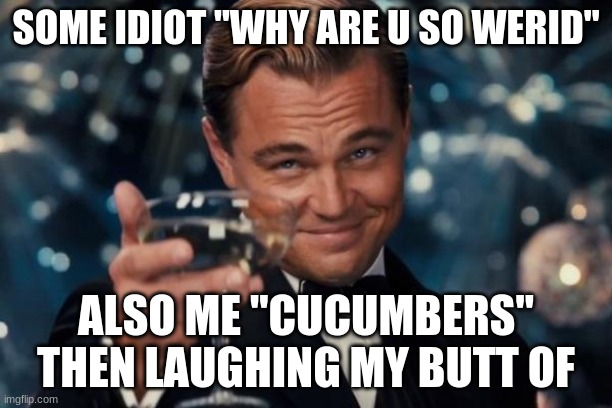 Leonardo Dicaprio Cheers | SOME IDIOT "WHY ARE U SO WERID"; ALSO ME "CUCUMBERS" THEN LAUGHING MY BUTT OF | image tagged in memes,leonardo dicaprio cheers | made w/ Imgflip meme maker