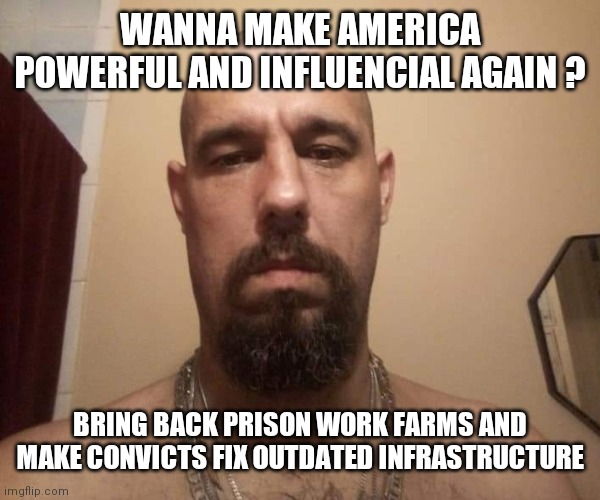 Reform that works for America | WANNA MAKE AMERICA POWERFUL AND INFLUENCIAL AGAIN ? BRING BACK PRISON WORK FARMS AND MAKE CONVICTS FIX OUTDATED INFRASTRUCTURE | image tagged in felon template | made w/ Imgflip meme maker