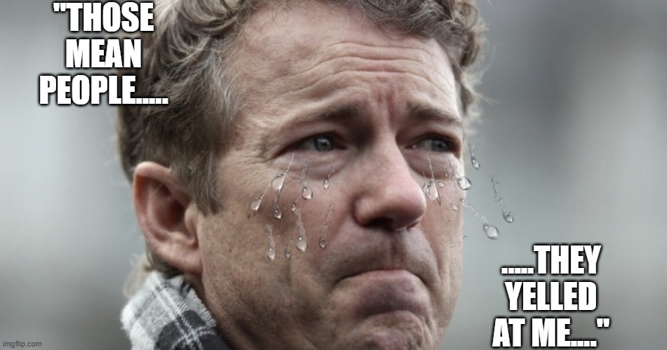 cry baby rand | "THOSE MEAN PEOPLE..... .....THEY YELLED AT ME...." | image tagged in rand paul | made w/ Imgflip meme maker