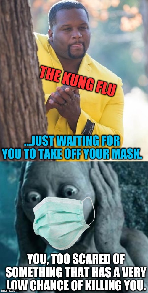 THE KUNG FLU ...JUST WAITING FOR YOU TO TAKE OFF YOUR MASK. YOU, TOO SCARED OF SOMETHING THAT HAS A VERY LOW CHANCE OF KILLING YOU. | image tagged in scared gollum,rubbing hands | made w/ Imgflip meme maker