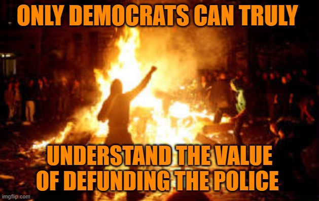 Anarchy Riot | ONLY DEMOCRATS CAN TRULY; UNDERSTAND THE VALUE OF DEFUNDING THE POLICE | image tagged in anarchy riot | made w/ Imgflip meme maker