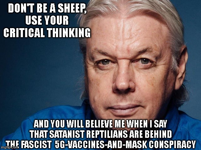 Critical Thinking with David Icke | DON'T BE A SHEEP,
USE YOUR CRITICAL THINKING; AND YOU WILL BELIEVE ME WHEN I SAY THAT SATANIST REPTILIANS ARE BEHIND THE FASCIST  5G-VACCINES-AND-MASK CONSPIRACY | image tagged in memes,conspiracy theories,covid,5g,fascism | made w/ Imgflip meme maker