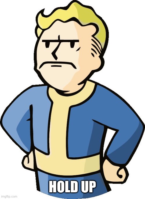 annoyed vault boy | HOLD UP | image tagged in annoyed vault boy | made w/ Imgflip meme maker