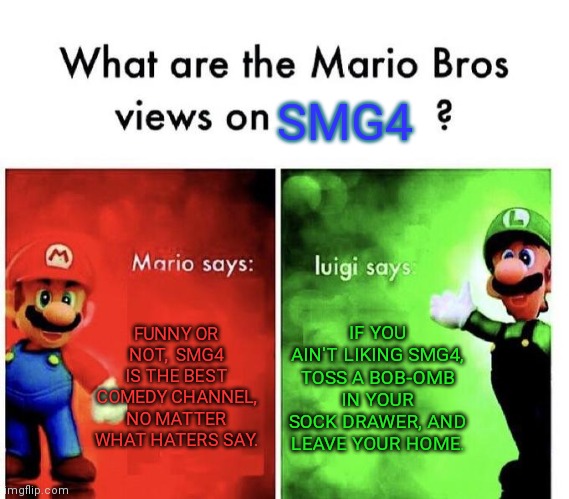 What the Mario Bros say about the channel SMG4. | SMG4; FUNNY OR NOT,  SMG4 IS THE BEST COMEDY CHANNEL, NO MATTER WHAT HATERS SAY. IF YOU AIN'T LIKING SMG4, TOSS A BOB-OMB IN YOUR SOCK DRAWER, AND LEAVE YOUR HOME. | image tagged in mario bros views | made w/ Imgflip meme maker