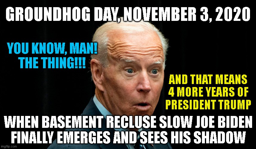 GROUNDHOG DAY, NOVEMBER 3, 2020; YOU KNOW, MAN!
THE THING!!! AND THAT MEANS
4 MORE YEARS OF
PRESIDENT TRUMP; WHEN BASEMENT RECLUSE SLOW JOE BIDEN
FINALLY EMERGES AND SEES HIS SHADOW | made w/ Imgflip meme maker