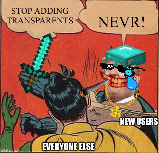 Batman Slapping Robin | STOP ADDING TRANSPARENTS; NEVR! NEW USERS; EVERYONE ELSE | image tagged in memes,batman slapping robin | made w/ Imgflip meme maker