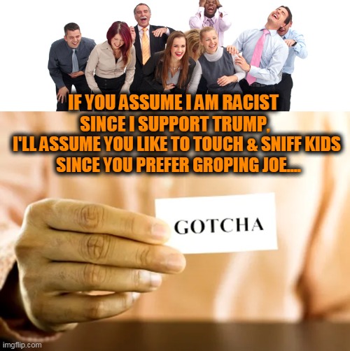 "Racist" Is An Overused Word Illustrating Leftists' Projection | IF YOU ASSUME I AM RACIST 
SINCE I SUPPORT TRUMP, I'LL ASSUME YOU LIKE TO TOUCH & SNIFF KIDS 
SINCE YOU PREFER GROPING JOE.... | image tagged in politics,political meme,racist,democratic socialism,liberalism,election 2020 | made w/ Imgflip meme maker