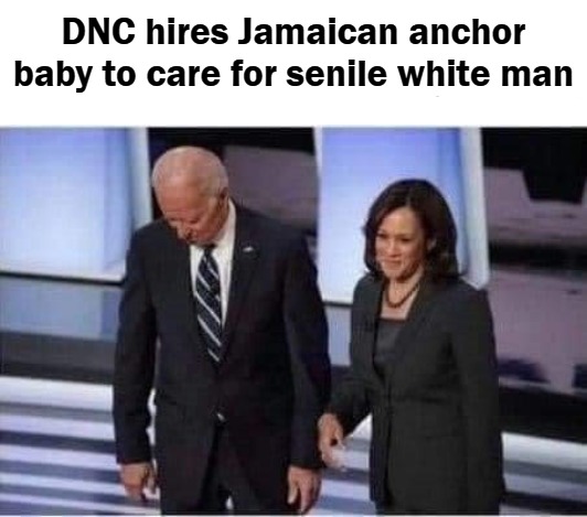 DNC hires Jamaican anchor baby to care for senile white man | DNC hires Jamaican anchor baby to care for senile white man | image tagged in anchor baby,jamaican,dnc,democrat national committee,creepy joe biden,kamala harris | made w/ Imgflip meme maker