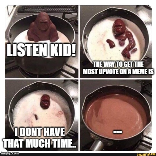 ... | LISTEN KID! THE WAY TO GET THE MOST UPVOTE ON A MEME IS; ... I DONT HAVE THAT MUCH TIME.. | image tagged in melting gorilla | made w/ Imgflip meme maker