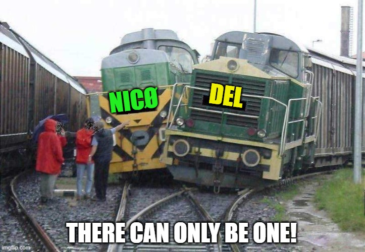 Actual photo of imgflip elections 2020 - colorized | DEL; NICØ; THERE CAN ONLY BE ONE! | image tagged in two trains one way,memes,election 2020,del,nico | made w/ Imgflip meme maker
