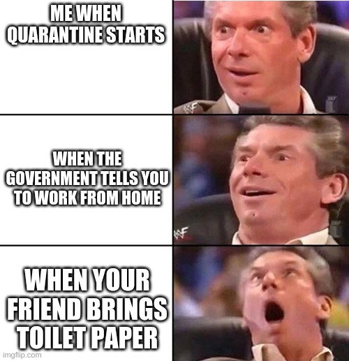 my life | ME WHEN QUARANTINE STARTS; WHEN THE GOVERNMENT TELLS YOU TO WORK FROM HOME; WHEN YOUR FRIEND BRINGS TOILET PAPER | image tagged in quarantine | made w/ Imgflip meme maker