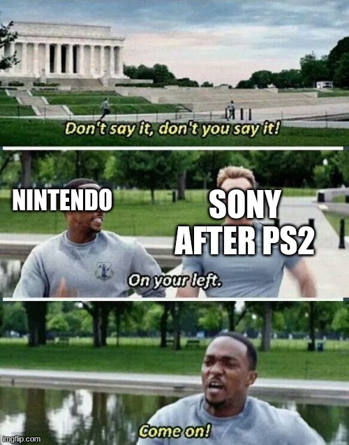 HI |  SONY AFTER PS2; NINTENDO | image tagged in on your left | made w/ Imgflip meme maker