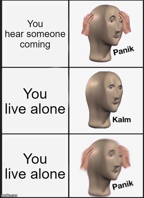 Panik Kalm Panik | You hear someone coming; You live alone; You live alone | image tagged in memes,panik kalm panik | made w/ Imgflip meme maker