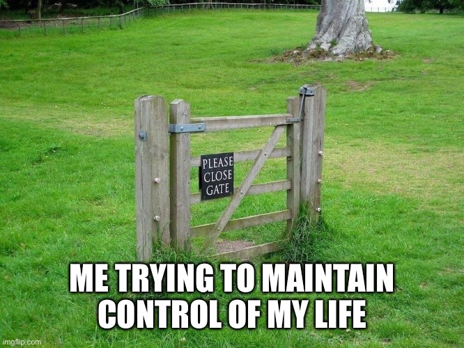 Please close gate | ME TRYING TO MAINTAIN CONTROL OF MY LIFE | image tagged in please close gate | made w/ Imgflip meme maker