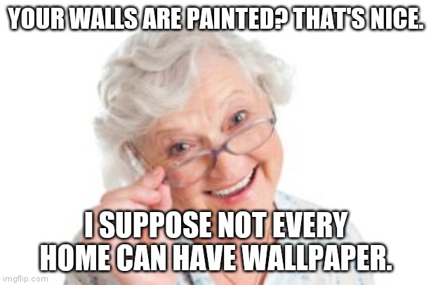Smug Grandma | YOUR WALLS ARE PAINTED? THAT'S NICE. I SUPPOSE NOT EVERY HOME CAN HAVE WALLPAPER. | image tagged in smug,grandma | made w/ Imgflip meme maker
