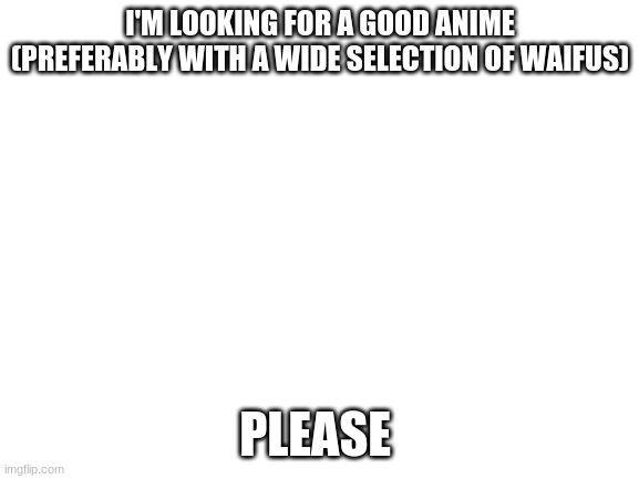 please i'm deprived of anime girl contact | I'M LOOKING FOR A GOOD ANIME (PREFERABLY WITH A WIDE SELECTION OF WAIFUS); PLEASE | image tagged in anime,request | made w/ Imgflip meme maker