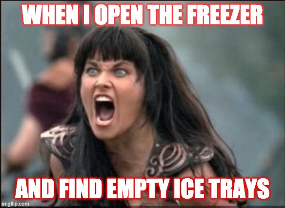 Empty ice cube trays | WHEN I OPEN THE FREEZER; AND FIND EMPTY ICE TRAYS | image tagged in angry xena | made w/ Imgflip meme maker