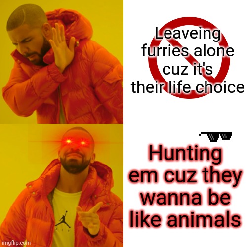 Drake Hotline Bling Meme | Leaveing furries alone cuz it's their life choice; Hunting em cuz they wanna be like animals | image tagged in memes,drake hotline bling | made w/ Imgflip meme maker