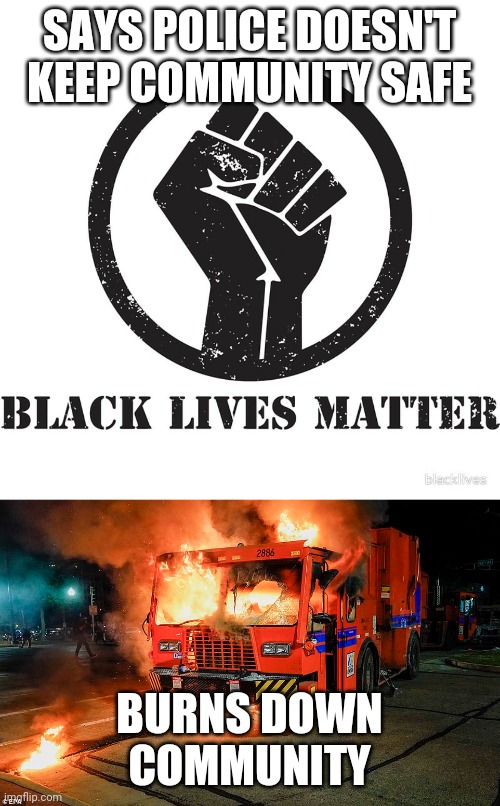 BLM is irrational 4 | SAYS POLICE DOESN'T KEEP COMMUNITY SAFE; BURNS DOWN COMMUNITY | image tagged in black lives matter,wisconsin,burn,destruction,chaos,anarchy | made w/ Imgflip meme maker