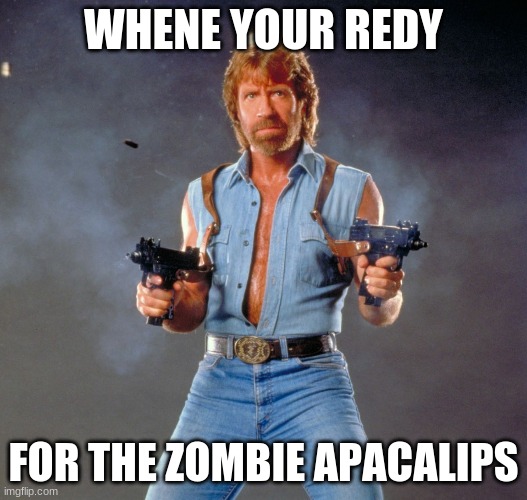 Chuck Norris Guns | WHENE YOUR REDY; FOR THE ZOMBIE APACALIPS | image tagged in memes,chuck norris guns,chuck norris | made w/ Imgflip meme maker