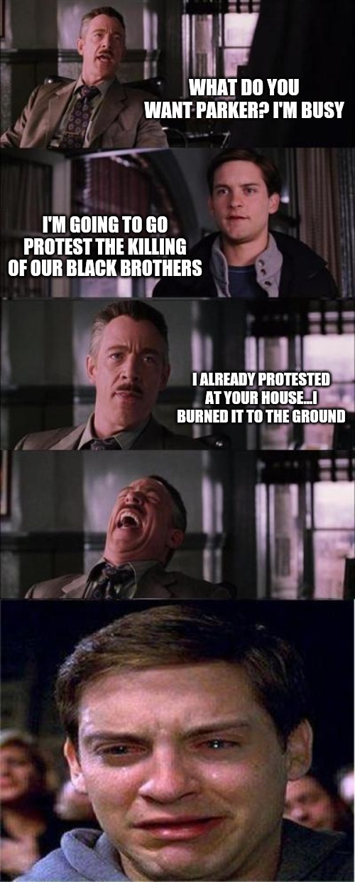 This is what the left calls protesting. Burning buildings, beating people up, and crying when they get beat down themselves. | WHAT DO YOU WANT PARKER? I'M BUSY; I'M GOING TO GO PROTEST THE KILLING OF OUR BLACK BROTHERS; I ALREADY PROTESTED AT YOUR HOUSE...I BURNED IT TO THE GROUND | image tagged in memes,peter parker cry | made w/ Imgflip meme maker