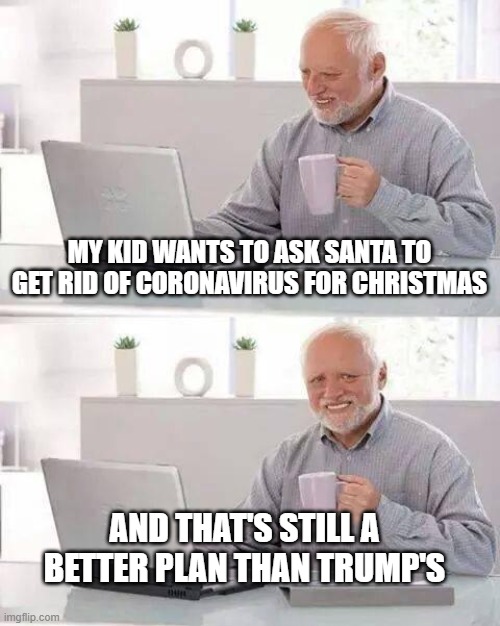 Hide the Pain Harold Meme | MY KID WANTS TO ASK SANTA TO GET RID OF CORONAVIRUS FOR CHRISTMAS; AND THAT'S STILL A BETTER PLAN THAN TRUMP'S | image tagged in memes,hide the pain harold | made w/ Imgflip meme maker