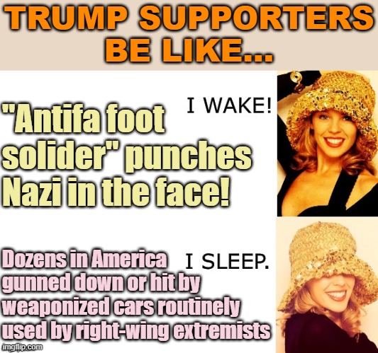 Antifa isn't always non-violent. But if you compare apples-to-apples with right-wing extremists, it's not even close. | TRUMP SUPPORTERS BE LIKE... "Antifa foot solider" punches Nazi in the face! Dozens in America gunned down or hit by weaponized cars routinely used by right-wing extremists | image tagged in kylie i wake/i sleep,antifa,neo-nazis,i did nazi that coming,right wing,terrorists | made w/ Imgflip meme maker