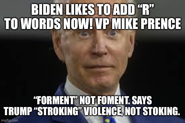 The gaffes have started | BIDEN LIKES TO ADD “R” TO WORDS NOW! VP MIKE PRENCE; “FORMENT” NOT FOMENT. SAYS TRUMP “STROKING” VIOLENCE, NOT STOKING. | image tagged in really,biden,loser | made w/ Imgflip meme maker