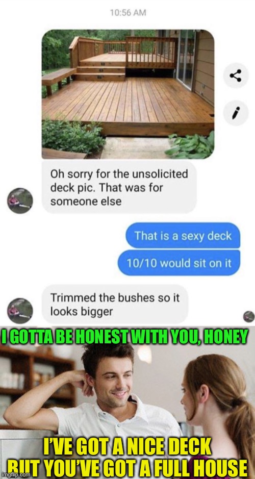 Everyone give a genuine nod of respect to this guy because this is brilliant | I GOTTA BE HONEST WITH YOU, HONEY; I’VE GOT A NICE DECK BUT YOU’VE GOT A FULL HOUSE | image tagged in flirt,pickup lines,tinder,funny memes,fun,brilliant | made w/ Imgflip meme maker