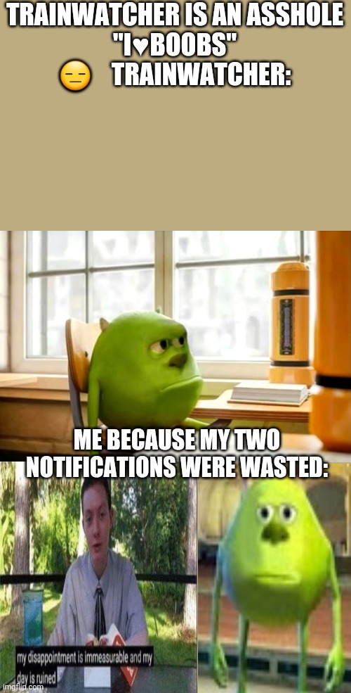 I feel sorry for trainwatcher and WTF is going on?! | TRAINWATCHER IS AN ASSHOLE
"I♥️BOOBS" 😑    TRAINWATCHER:; ME BECAUSE MY TWO NOTIFICATIONS WERE WASTED: | image tagged in sully wazowski desk,sully wazowski,memes,funny | made w/ Imgflip meme maker