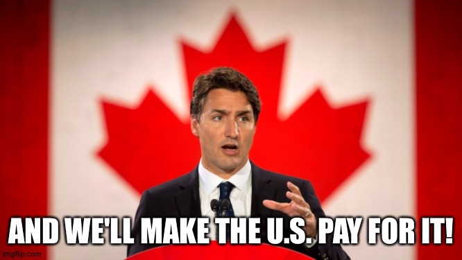 Justin Trudeau | AND WE'LL MAKE THE U.S. PAY FOR IT! | image tagged in justin trudeau | made w/ Imgflip meme maker