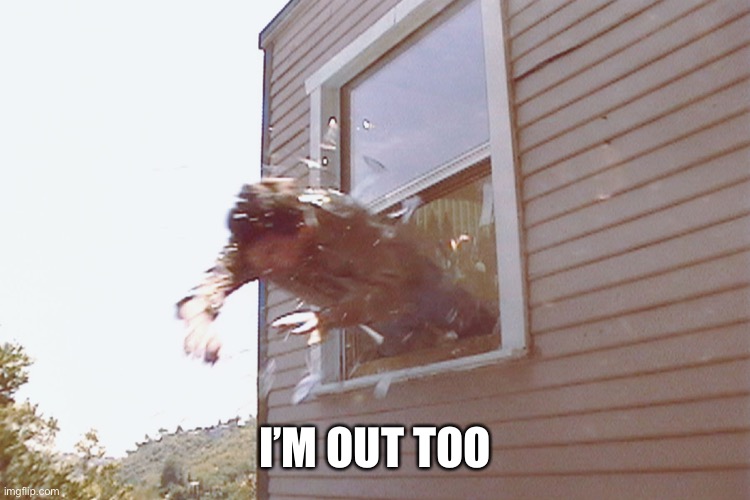 Jump Out A Window | I’M OUT TOO | image tagged in jump out a window | made w/ Imgflip meme maker