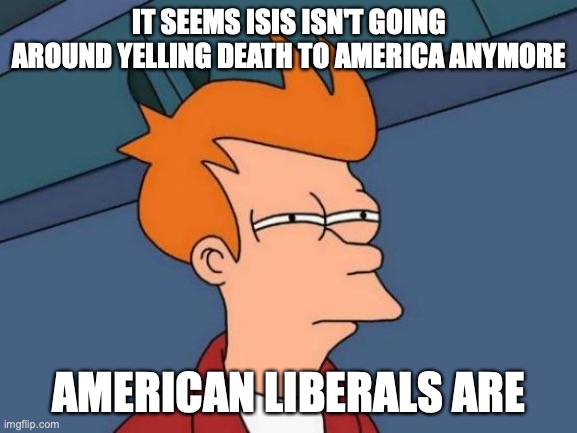 Futurama Fry | IT SEEMS ISIS ISN'T GOING AROUND YELLING DEATH TO AMERICA ANYMORE; AMERICAN LIBERALS ARE | image tagged in memes,futurama fry | made w/ Imgflip meme maker