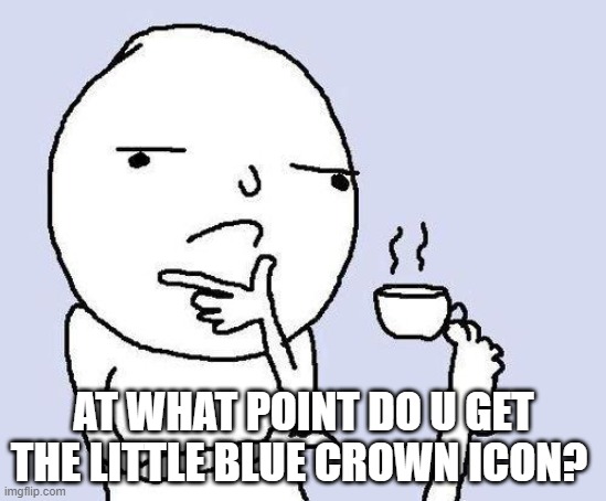 hmmm | AT WHAT POINT DO U GET THE LITTLE BLUE CROWN ICON? | image tagged in thinking meme | made w/ Imgflip meme maker