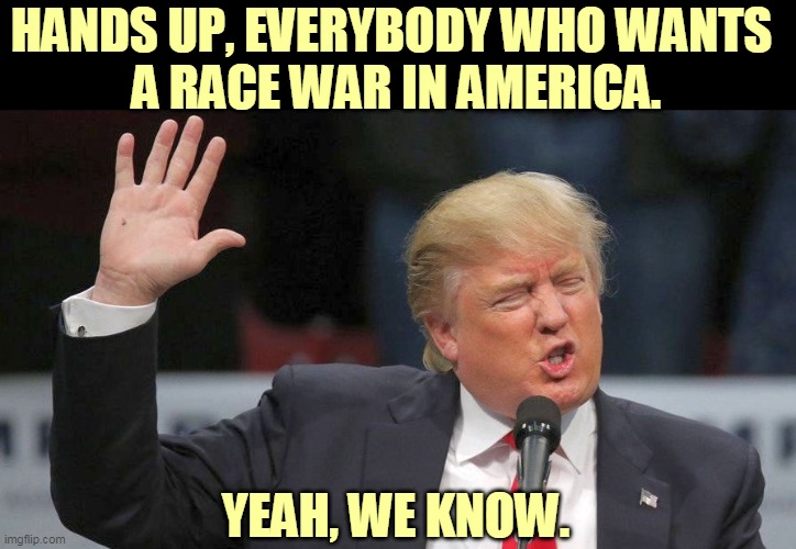 Trump thinks if we kill each other off, he can get reelected. | HANDS UP, EVERYBODY WHO WANTS 
A RACE WAR IN AMERICA. YEAH, WE KNOW. | image tagged in trump,race,war | made w/ Imgflip meme maker