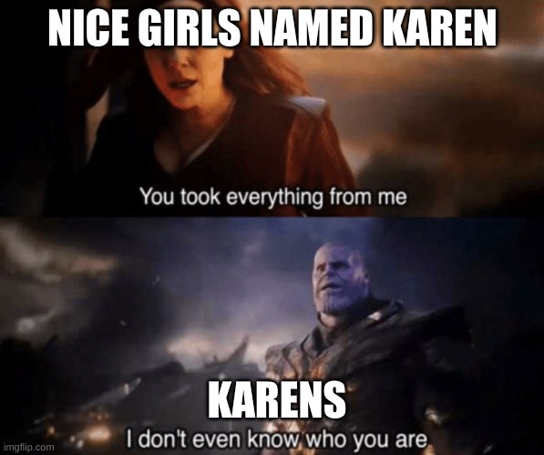 I found this on a youtube comment. | NICE GIRLS NAMED KAREN; KARENS | image tagged in you took everything from me - i don't even know who you are | made w/ Imgflip meme maker