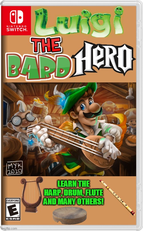 LUIGI BARD HERO | LEARN THE HARP, DRUM, FLUTE AND MANY OTHERS! | image tagged in nintendo switch,luigi,guitar hero,medieval,fake switch games | made w/ Imgflip meme maker