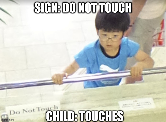 thee almighty do not touch sign | SIGN: DO NOT TOUCH; CHILD: TOUCHES | image tagged in just no,somebody kill me please,google maps | made w/ Imgflip meme maker